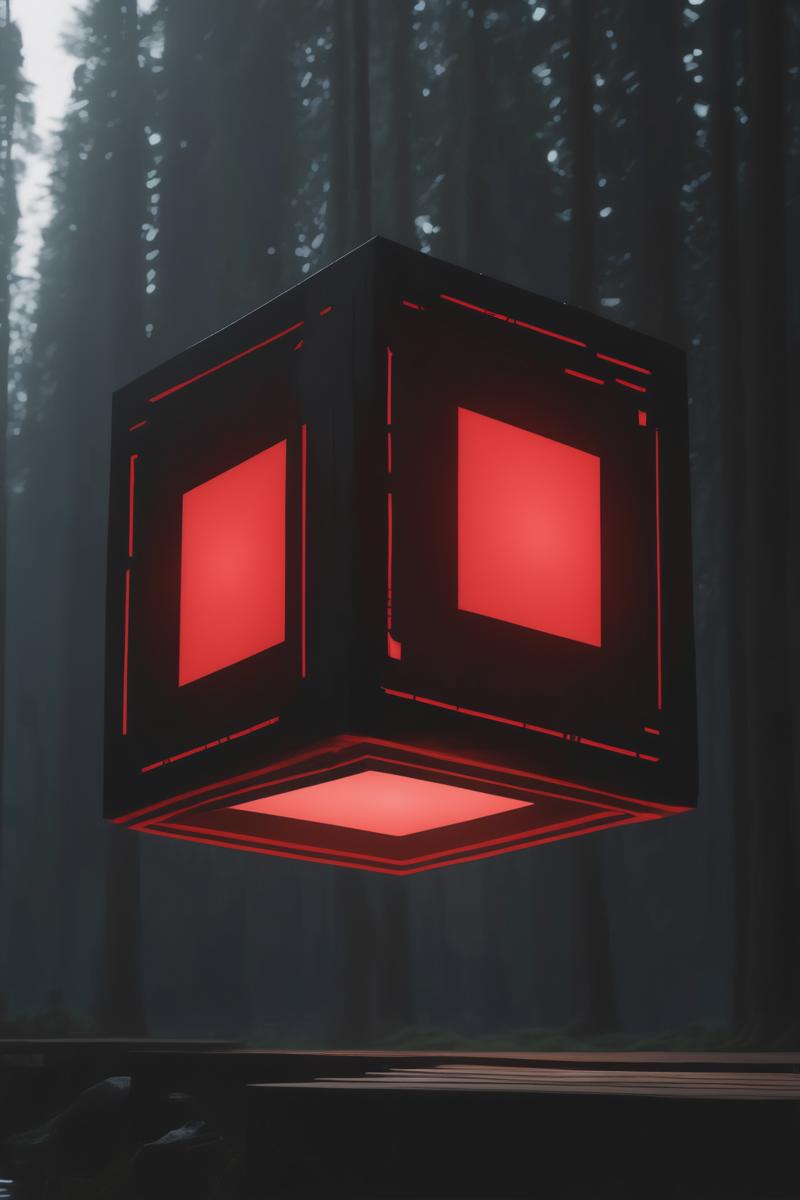 00349-4015920385-_lora_Levitating Cube_1_Levitating Cube - a red light that is on top of a wooden structure.png